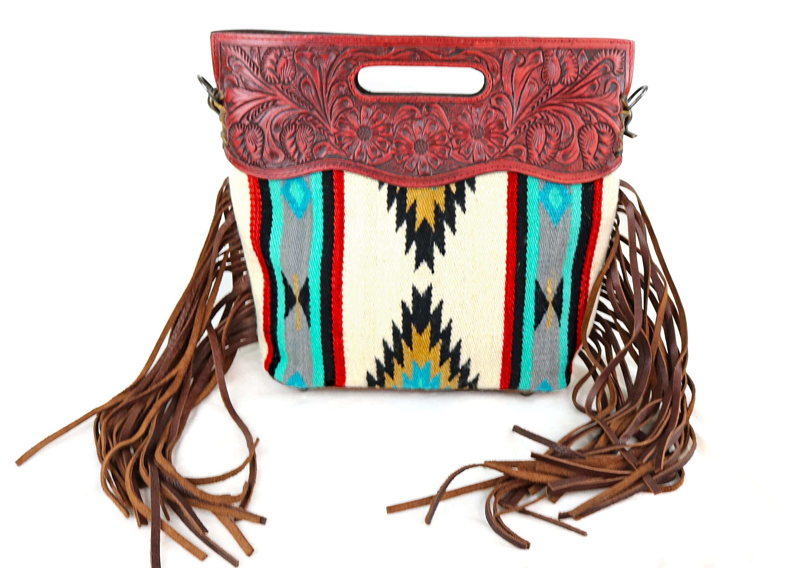 American Darling Aztec Cross Body with Red Tooled Leather ADBG247RedLeather, White