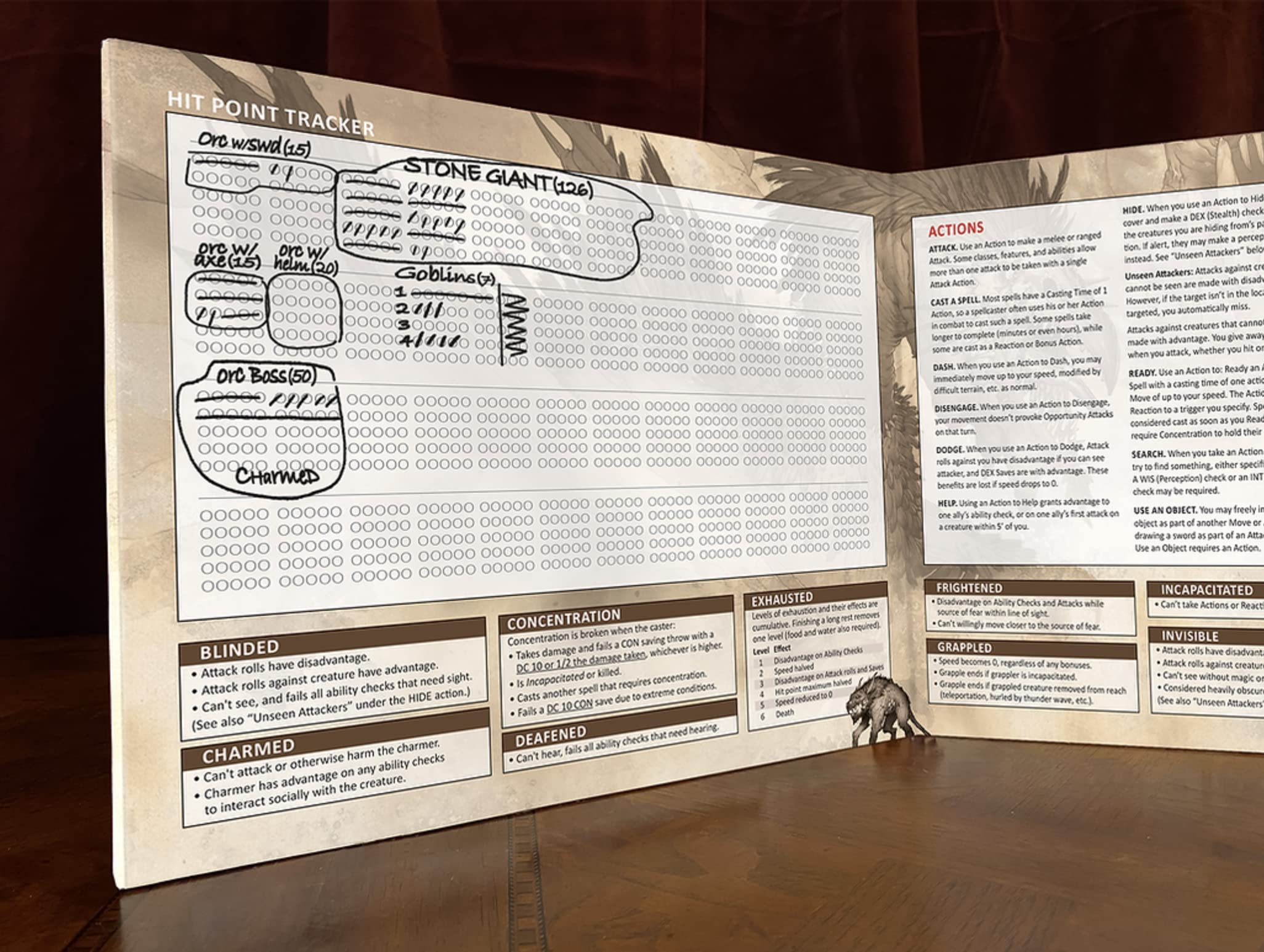 Stat Trackers DM Screen for 5th Edition: Dry-Erase with Built in hit Point Tracker, Essential 5e Rules Reference, Amazing Illustration