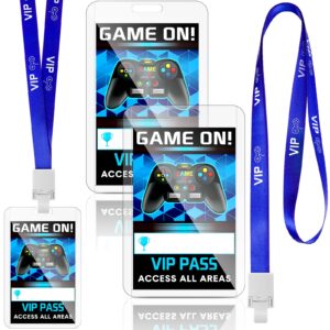 16 Pieces Blue Video Game VIP Pass Holder Tickets Set Video Game Party Favors Game Ticket Holder Gamer Party VIP Pass Lanyards for Game Themed Birthday Party Supplies