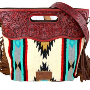 American Darling Aztec Cross Body with Red Tooled Leather ADBG247RedLeather, White