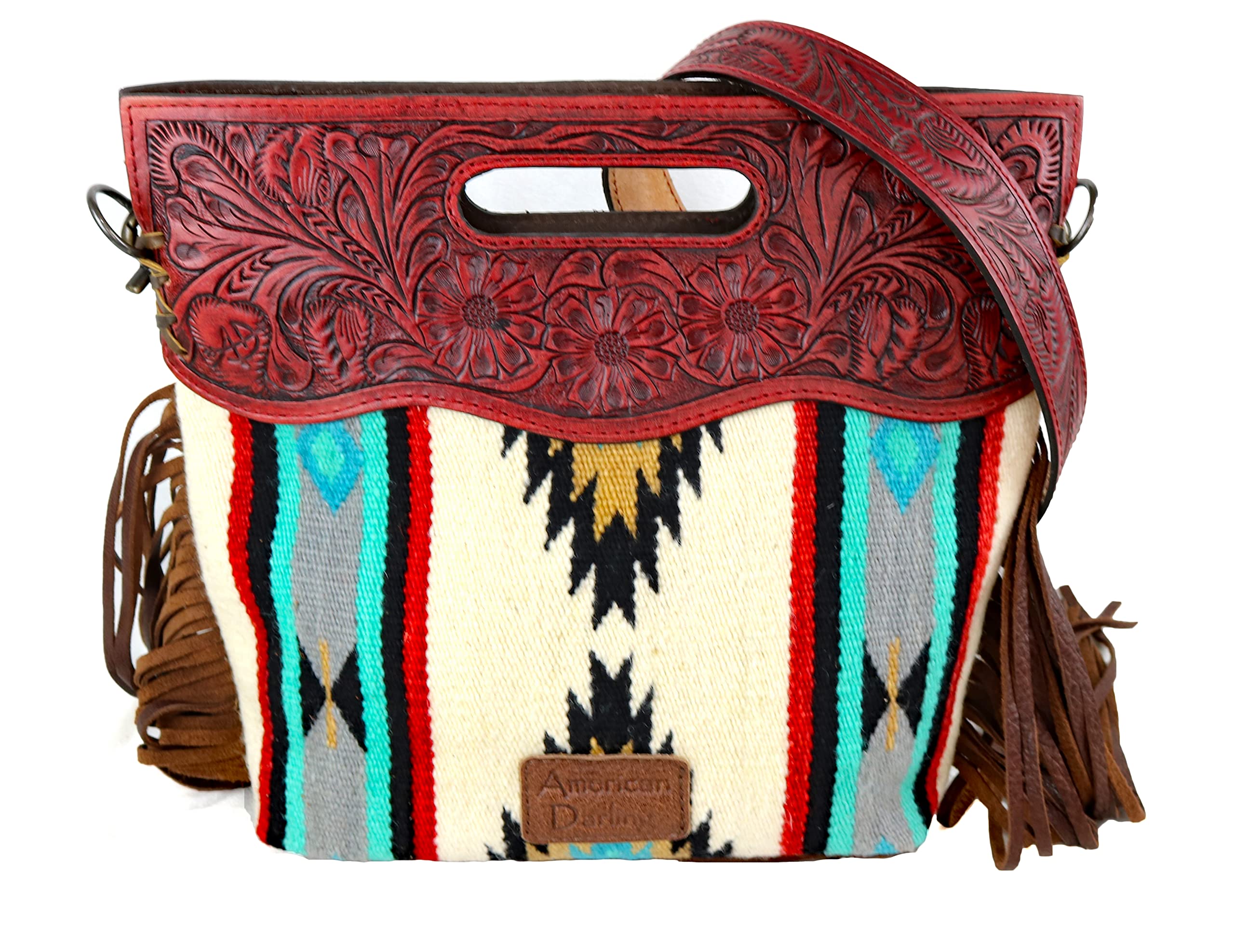 American Darling Aztec Cross Body with Red Tooled Leather ADBG247RedLeather, White