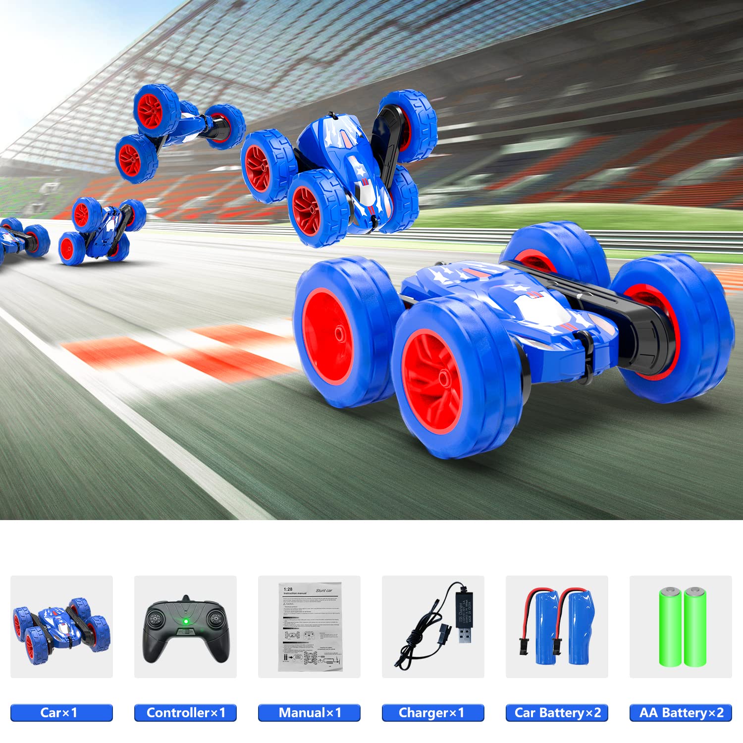 STEMTRON Remote Control Car 2.4GHz RC Stunt Car Double Sided Running Fast RC Car 360°Rotating Vehicles 180°Flips RC Crawler with Bright Headlights Toy Gift for Boys and Girls (Blue)