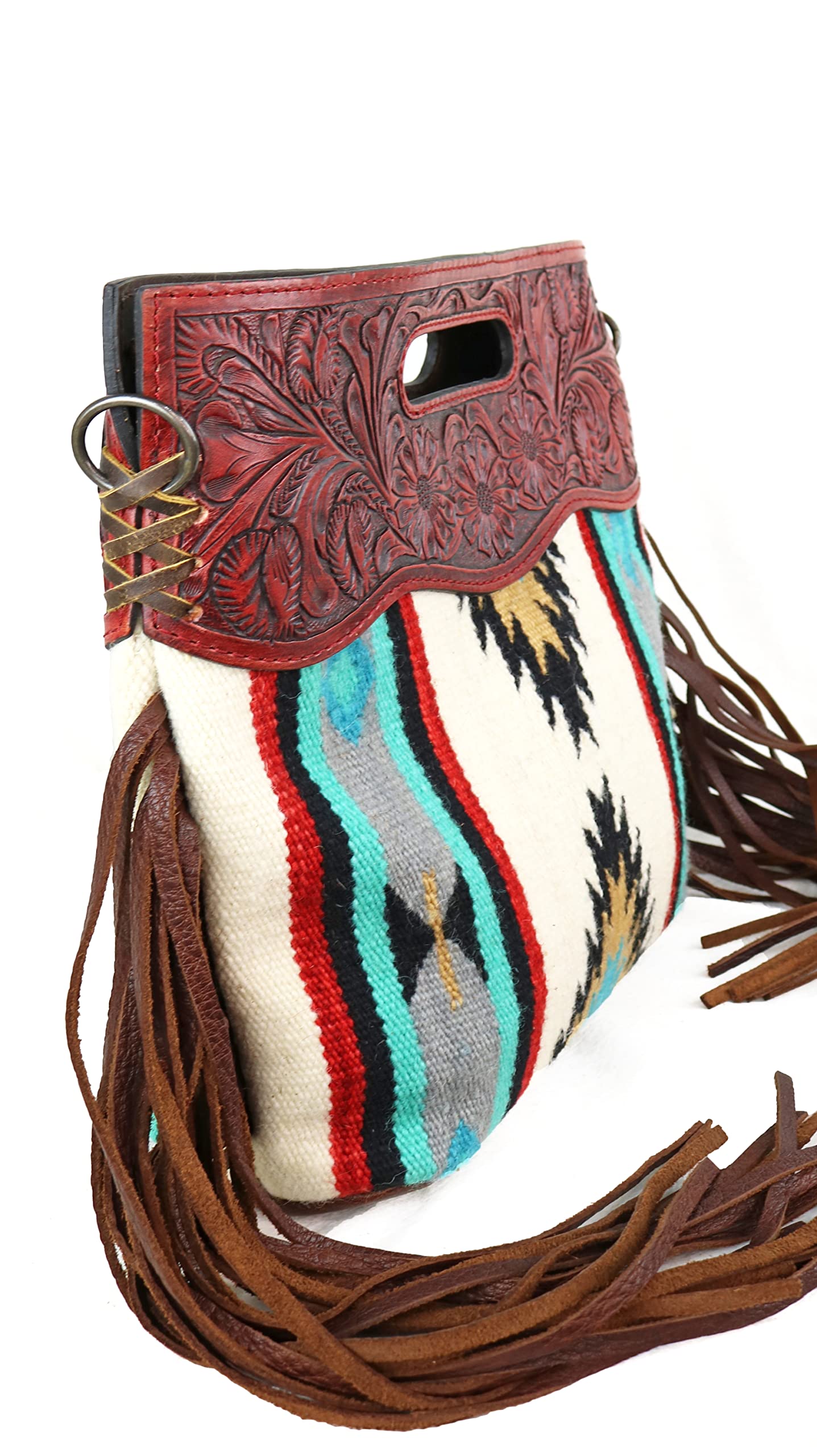 American Darling Aztec Cross Body with Red Tooled Leather ADBG247RedLeather, White