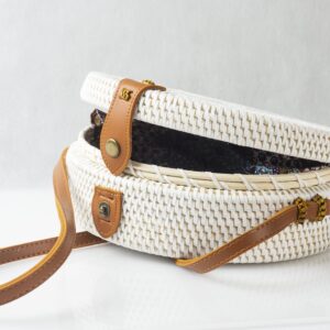 Handmade White Round Rattan Bag Star Pattern with Leather strap made in Bali