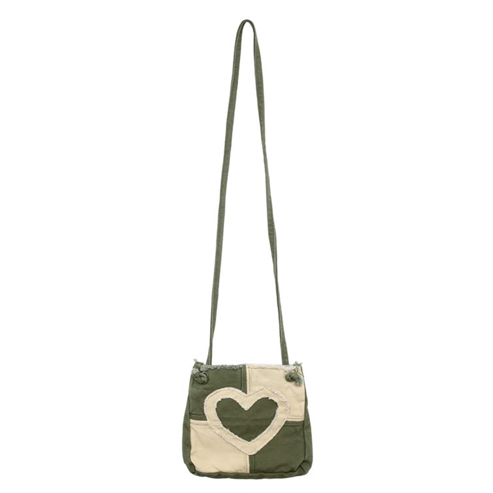 GOQUFOY Small Crossbody Bags for Women Green Cute Heart Travel Shoulder Bag Purses Teen Girls Canvas Cell Phone Bag