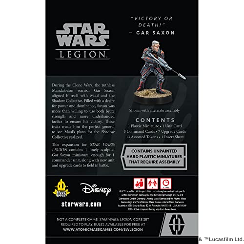 Star Wars: Legion Gar Saxon COMMANDER EXPANSION - Ruthless Mandalorian Precision! Tabletop Miniatures Strategy Game for Kids and Adults, Ages 14+, 2 Players, 3 Hour Playtime, Made by Atomic Mass Games