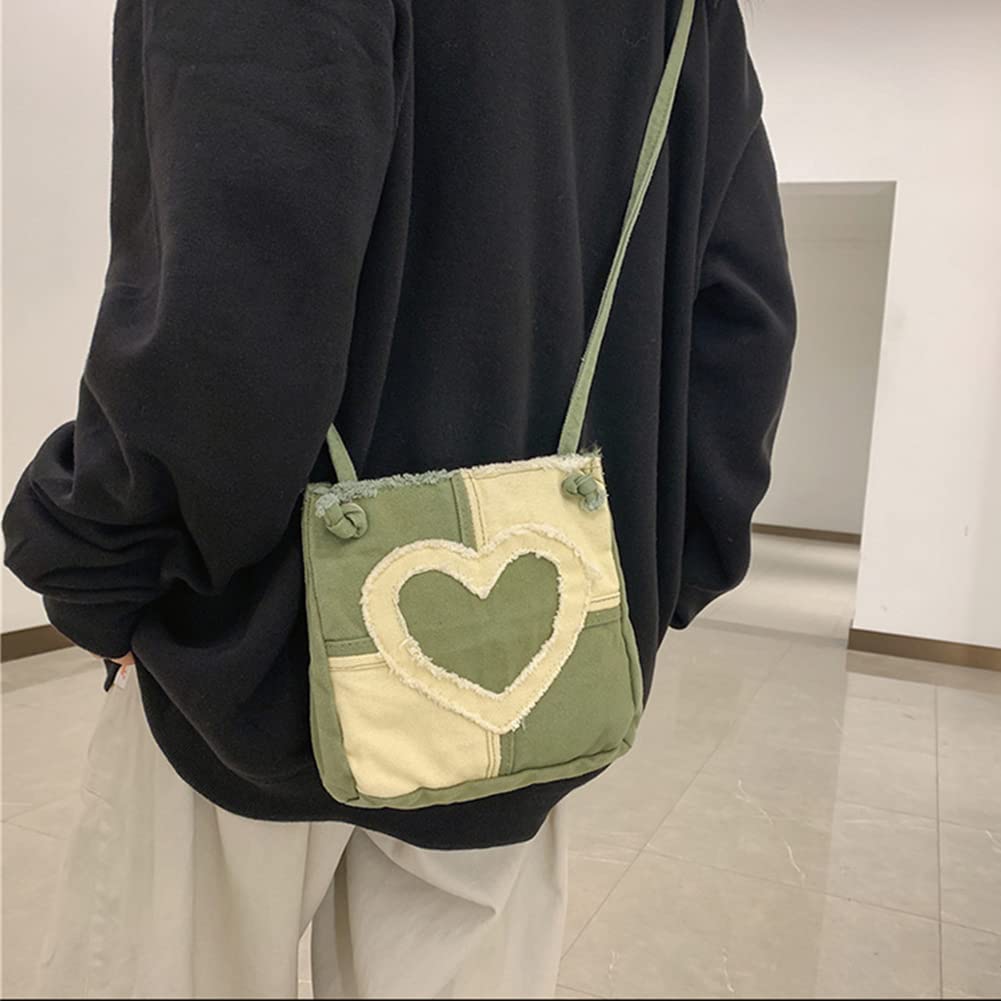 GOQUFOY Small Crossbody Bags for Women Green Cute Heart Travel Shoulder Bag Purses Teen Girls Canvas Cell Phone Bag