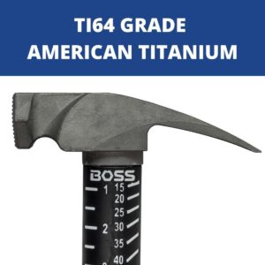 Boss Hammer Construction Grade Ti64 Titanium Hammer with Tough-Fiber Shock-Absorbing Fiberglass Handle - 12 oz, No-Slip Grip, Milled Faced - BH12TIPFM