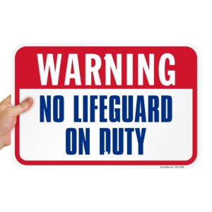 SmartSign 12 x 18 inch “Warning - No Lifeguard On Duty” Metal Sign with Symbols, 63 mil Laminated Rustproof Aluminum, Blue/Red on White