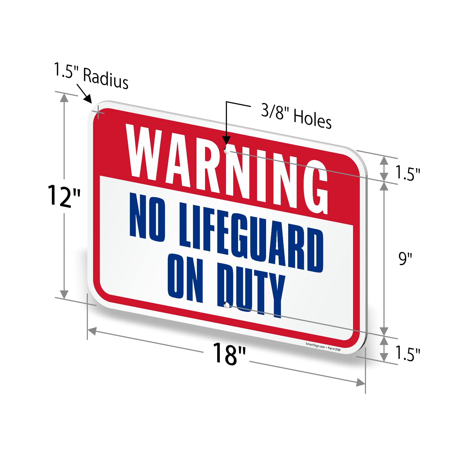 SmartSign 12 x 18 inch “Warning - No Lifeguard On Duty” Metal Sign with Symbols, 63 mil Laminated Rustproof Aluminum, Blue/Red on White