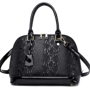 Women's Patent Leather Handbags Shiny Top-Handle Purse Flame Pattern Shoulder Bag (Black)