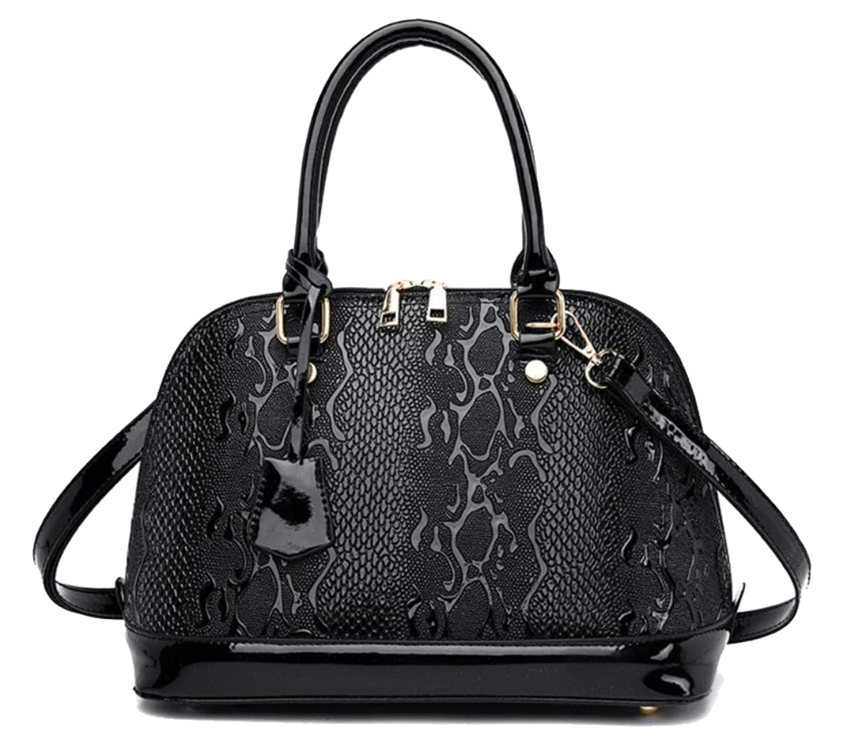 Women's Patent Leather Handbags Shiny Top-Handle Purse Flame Pattern Shoulder Bag (Black)