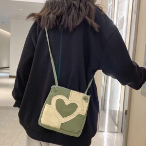 GOQUFOY Small Crossbody Bags for Women Green Cute Heart Travel Shoulder Bag Purses Teen Girls Canvas Cell Phone Bag