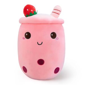 Ditucu Cute Boba Tea Plush Stuffed Bubble Tea Plushie Cartoon Soft Strawberry Milk Tea Cup Pillow Home Hugging Gift for Kids Pink 9.4 inch