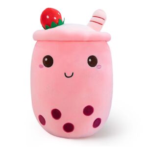 Ditucu Cute Boba Tea Plush Stuffed Bubble Tea Plushie Cartoon Soft Strawberry Milk Tea Cup Pillow Home Hugging Gift for Kids Pink 9.4 inch