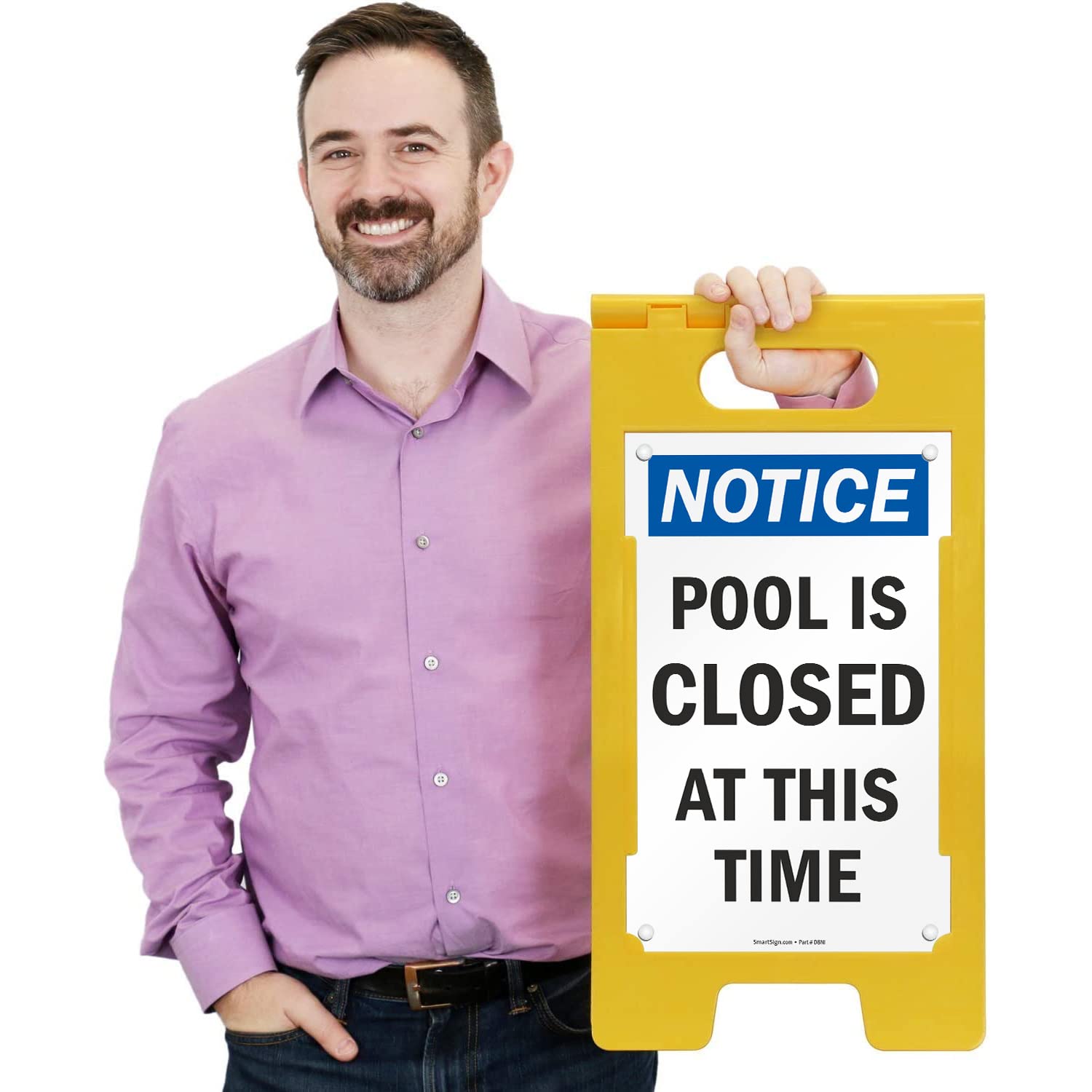 SmartSign 25 x 12 inch “Notice - Pool Is Closed At This Time” Two-Sided Standing Floor Sign, Portable A-Frame, Easy Grip Handle, Plastic, Multicolor, Made in USA