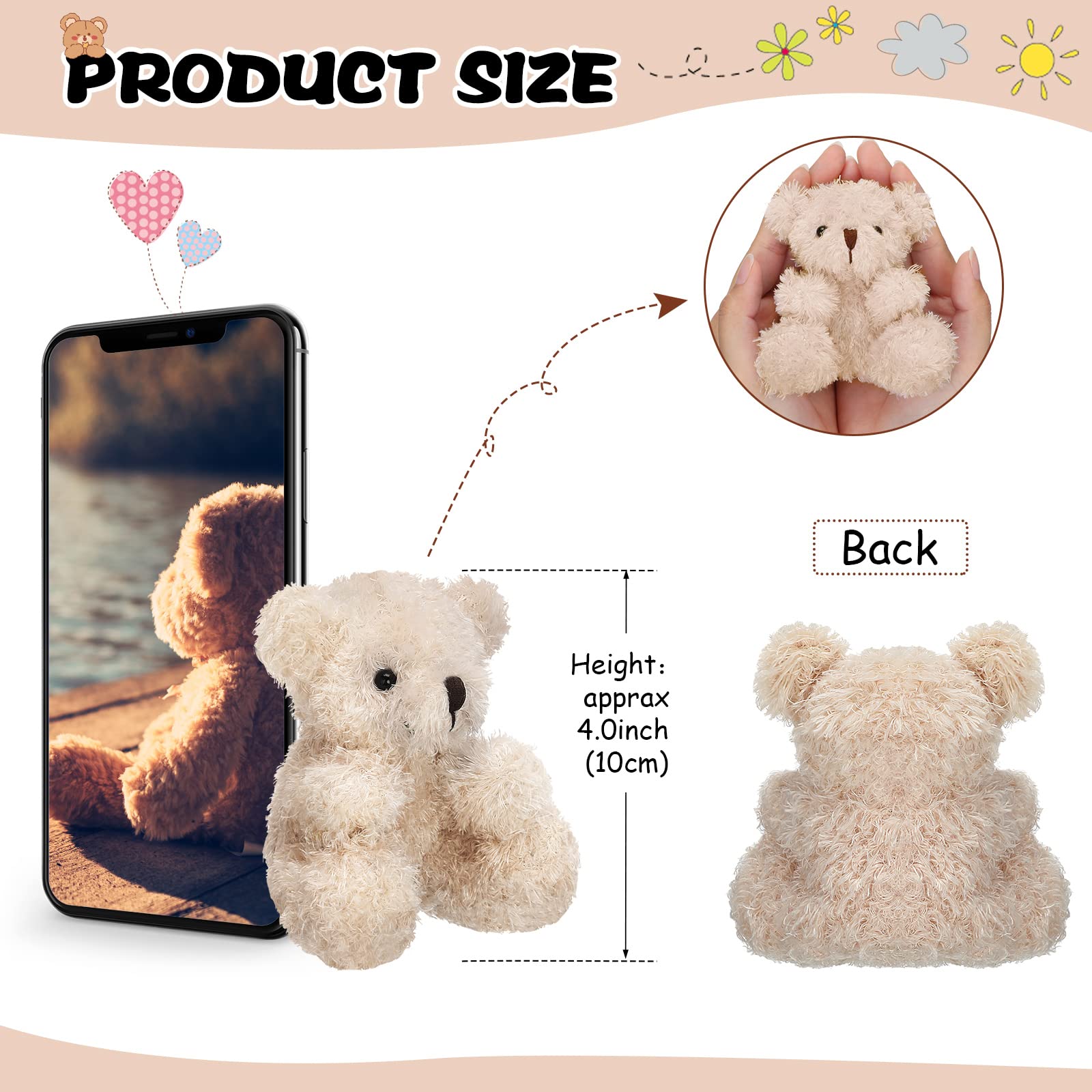 Chivao 20 Pcs Christmas Mini Plush Bears 4'' Small Bear Bulk Stuffed Animal Toys Tiny Soft Bear Doll Present Stuffers for Keychain Baby Shower Favors Wedding Party(Brown, Apricot)