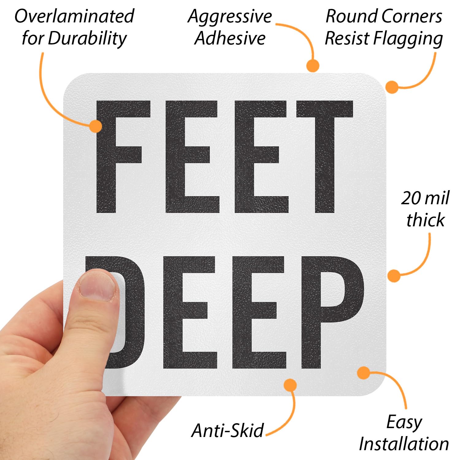 SmartSign “Feet Deep” Adhesive Pool Depth Marker/Sign, 4" Letter Height, 20 mil Laminated Vinyl with Anti-Skid Pebbled Surface, 5.75" x 5.75", Black and White, Made in USA