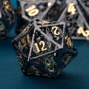 ARUOHHA Hollow DND Metal Dice Set Black Gold Dungeons and Dragons Dice D and D Dice Role Playing Games D+D Polyhedral Dice 7PCS RPG D&D Dice with Gift Box D20 D12 D10 D8 D6 D4