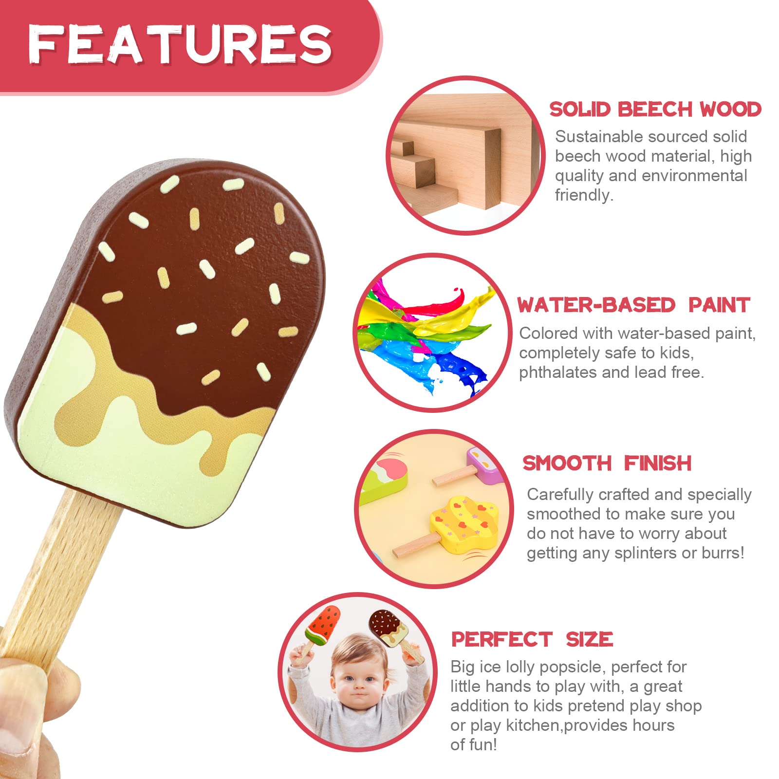 Wooden Ice Cream Toy for Kids, Toddler Pretend Play Food Ice Lolly Pops Set, Preschool Educational Toys and Gifts for Kids Age 3 4 5 6 Years Old