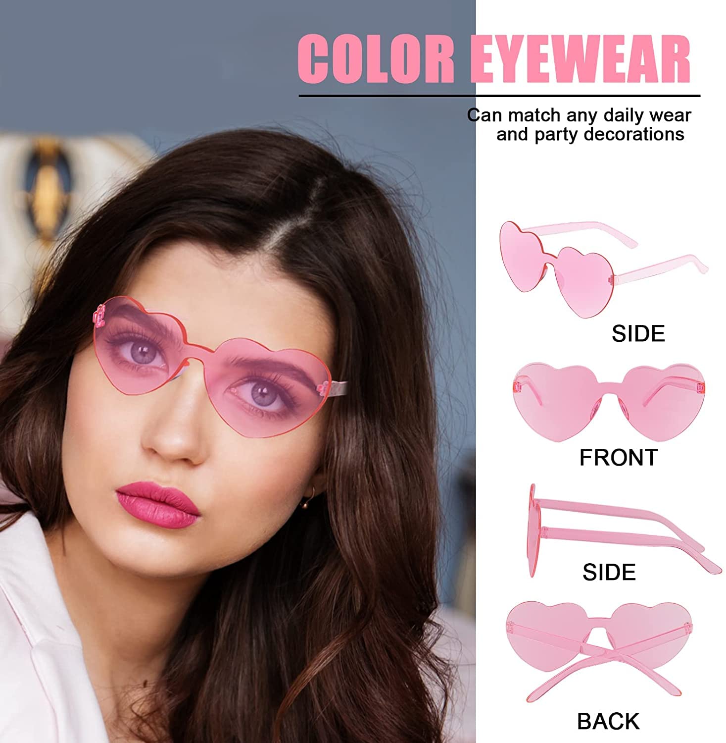 AEAHALY 10 Pairs Pink Heart Sunglasses Bulk for Women and Kids, Rimless Heart Shaped Sunglasses Bulk Women, Pink Heart Glasses Effect Bachelorette Bride Party Favor