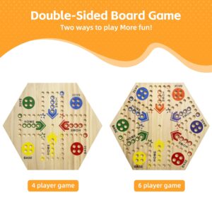 Wooden Board Game, Original Marble Game Board Game Double Sided Painted 2 to 6 Player Fast Track Board Game Wooden with 6 Colors 24 Marbles 6 Dice for Adults Kids Family