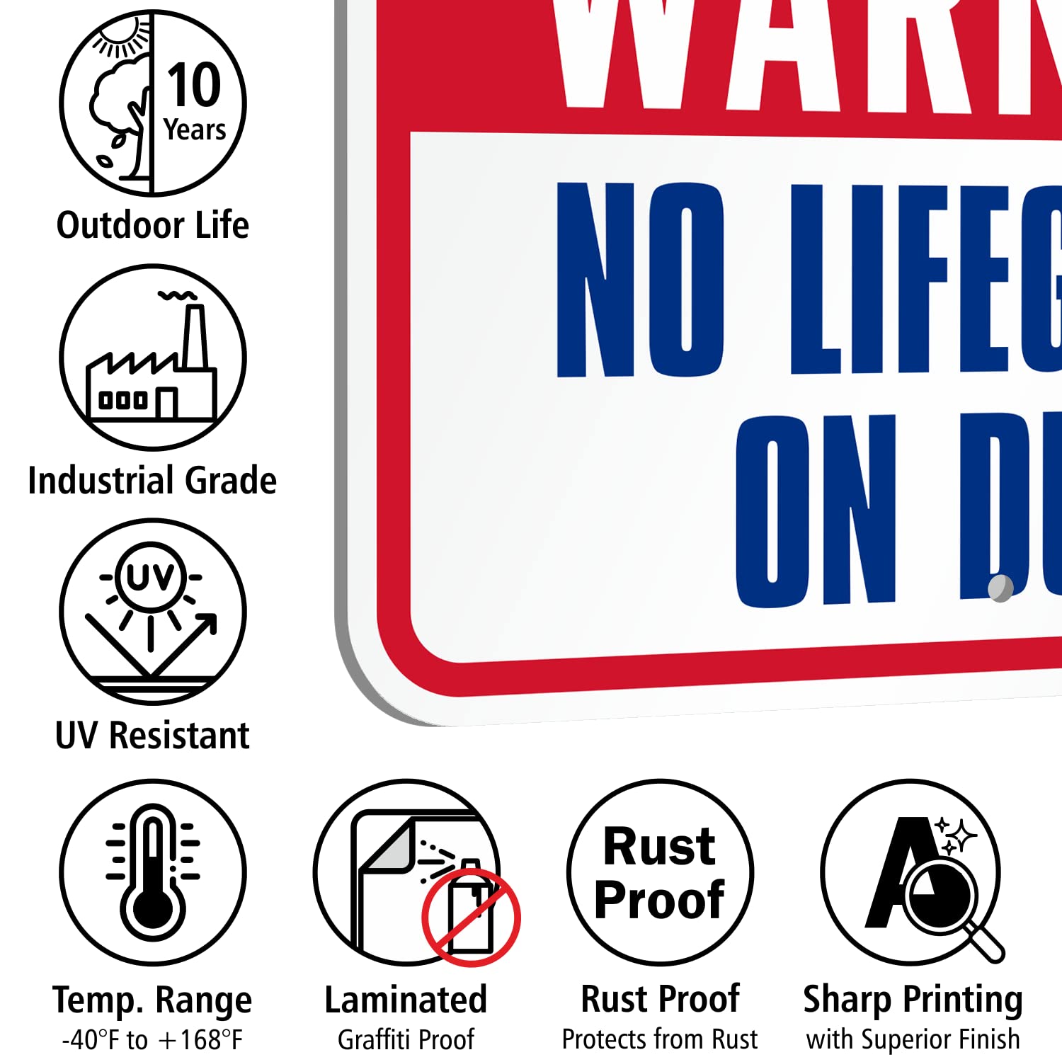 SmartSign 12 x 18 inch “Warning - No Lifeguard On Duty” Metal Sign with Symbols, 63 mil Laminated Rustproof Aluminum, Blue/Red on White