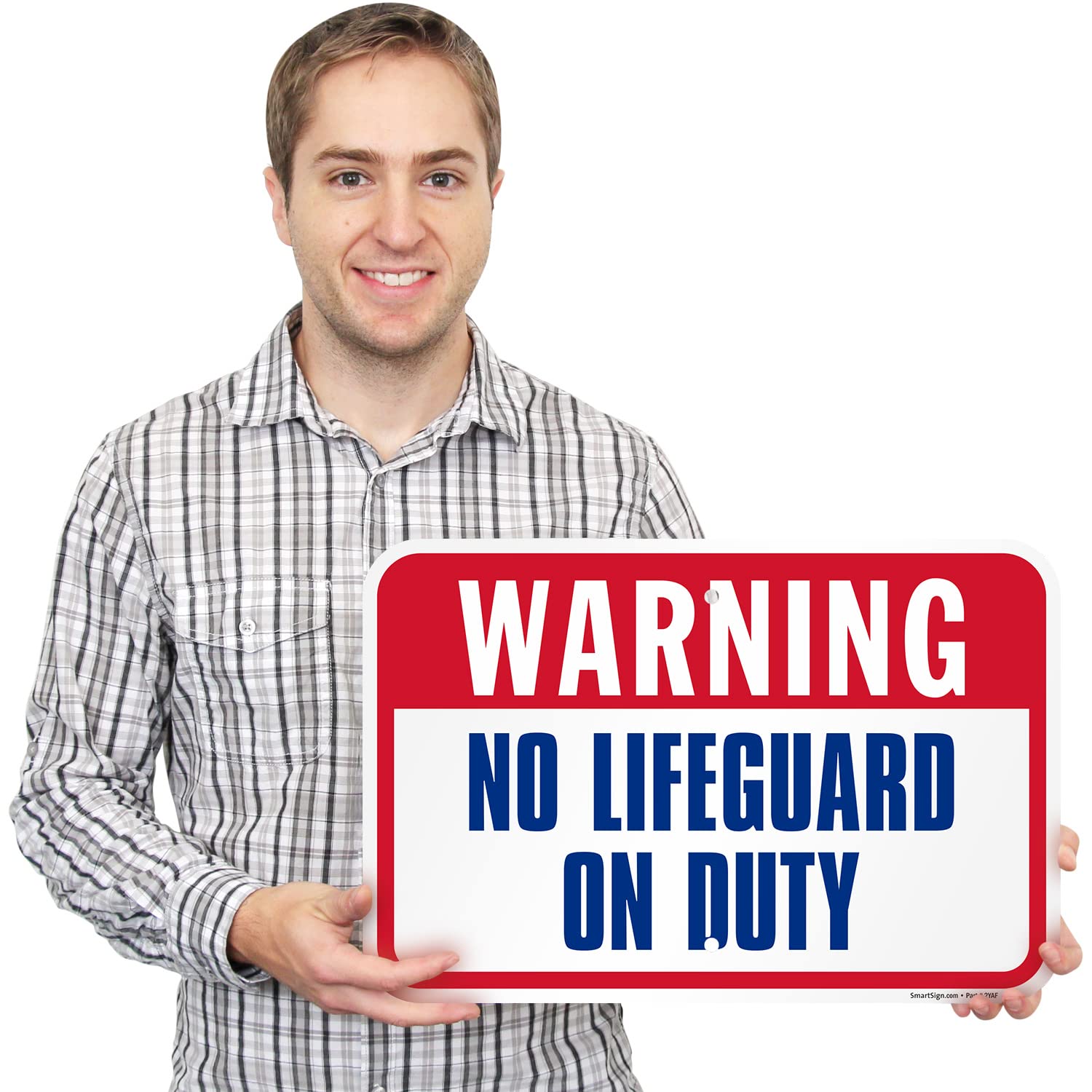 SmartSign 12 x 18 inch “Warning - No Lifeguard On Duty” Metal Sign with Symbols, 63 mil Laminated Rustproof Aluminum, Blue/Red on White