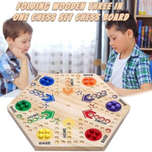 Wooden Board Game, Original Marble Game Board Game Double Sided Painted 2 to 6 Player Fast Track Board Game Wooden with 6 Colors 24 Marbles 6 Dice for Adults Kids Family