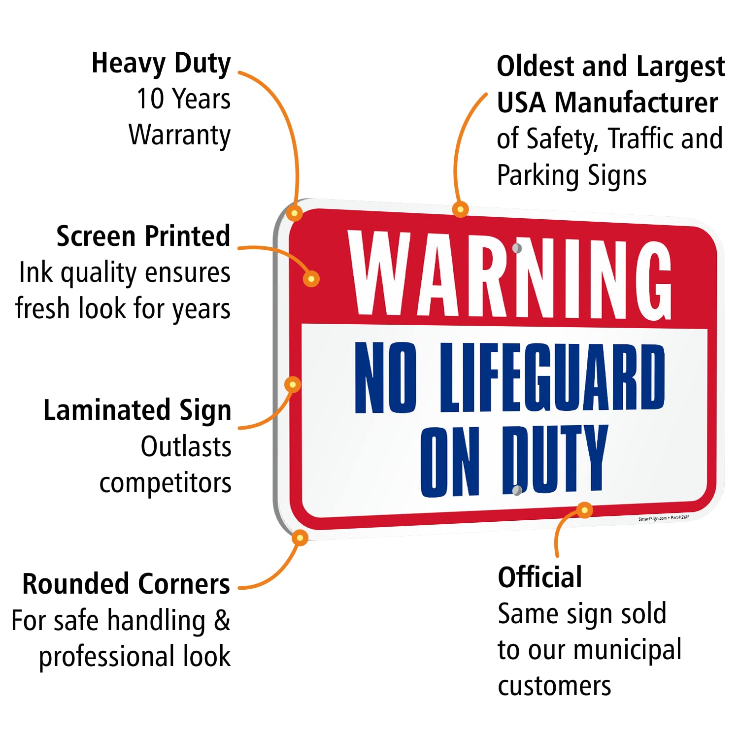 SmartSign 12 x 18 inch “Warning - No Lifeguard On Duty” Metal Sign with Symbols, 63 mil Laminated Rustproof Aluminum, Blue/Red on White