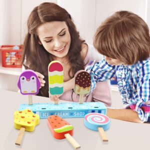 Wooden Ice Cream Toy for Kids, Toddler Pretend Play Food Ice Lolly Pops Set, Preschool Educational Toys and Gifts for Kids Age 3 4 5 6 Years Old