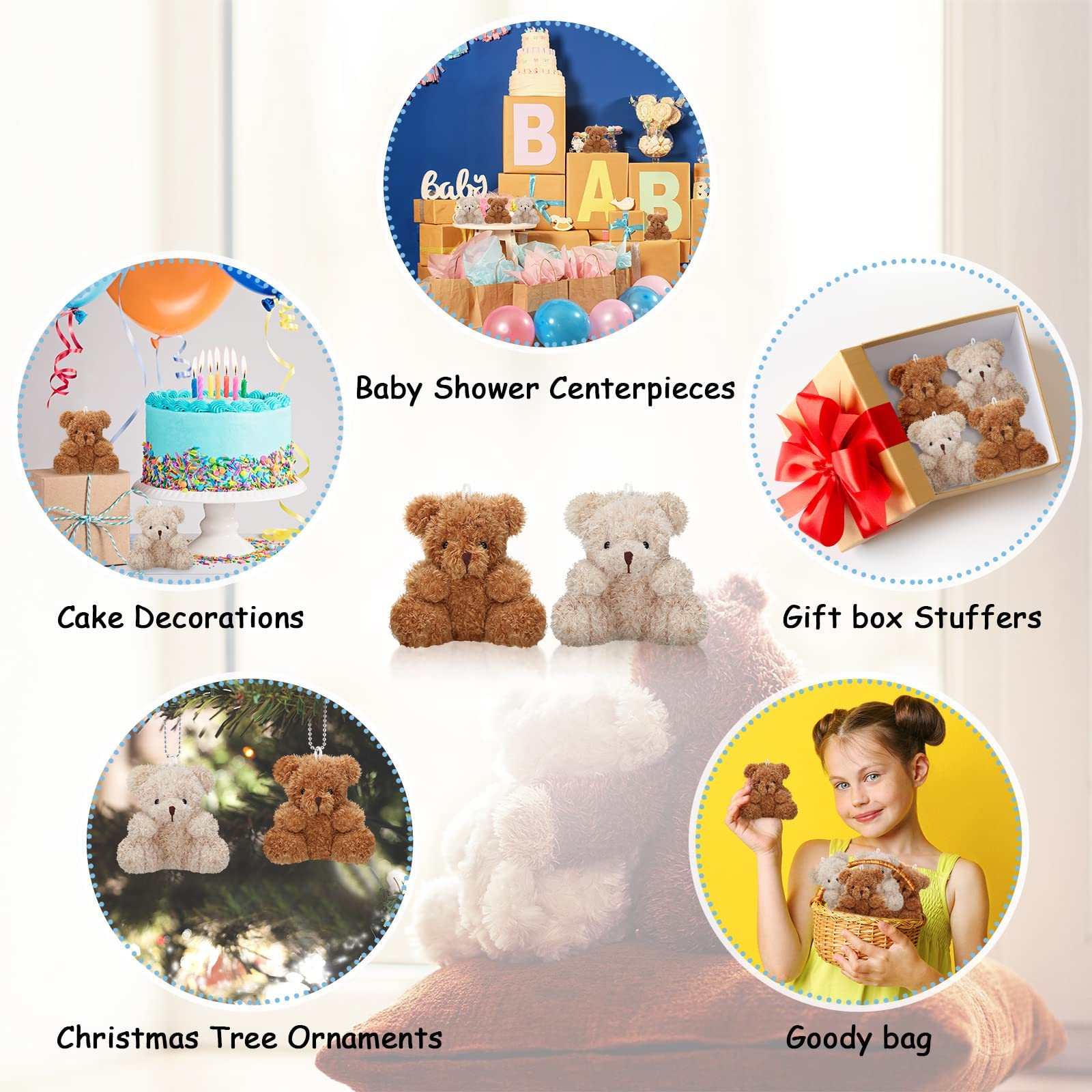 Sotiff 12 Pcs Mini Bear Plush Stuffed 4 Inch Small Fuzzy Bear Bulk Animal Toy Bear Doll Keychains Decor Wedding Party Favors for Baby Shower Birthday Party Supplies(Brown, Apricot)