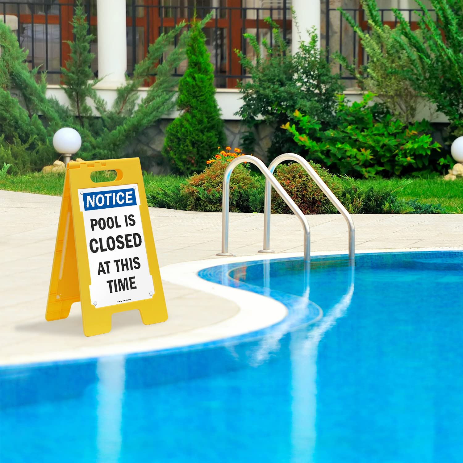 SmartSign 25 x 12 inch “Notice - Pool Is Closed At This Time” Two-Sided Standing Floor Sign, Portable A-Frame, Easy Grip Handle, Plastic, Multicolor, Made in USA