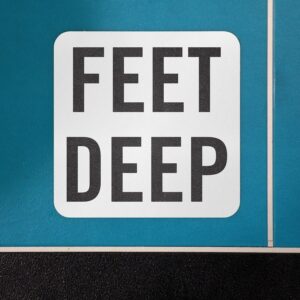 SmartSign “Feet Deep” Adhesive Pool Depth Marker/Sign, 4" Letter Height, 20 mil Laminated Vinyl with Anti-Skid Pebbled Surface, 5.75" x 5.75", Black and White, Made in USA