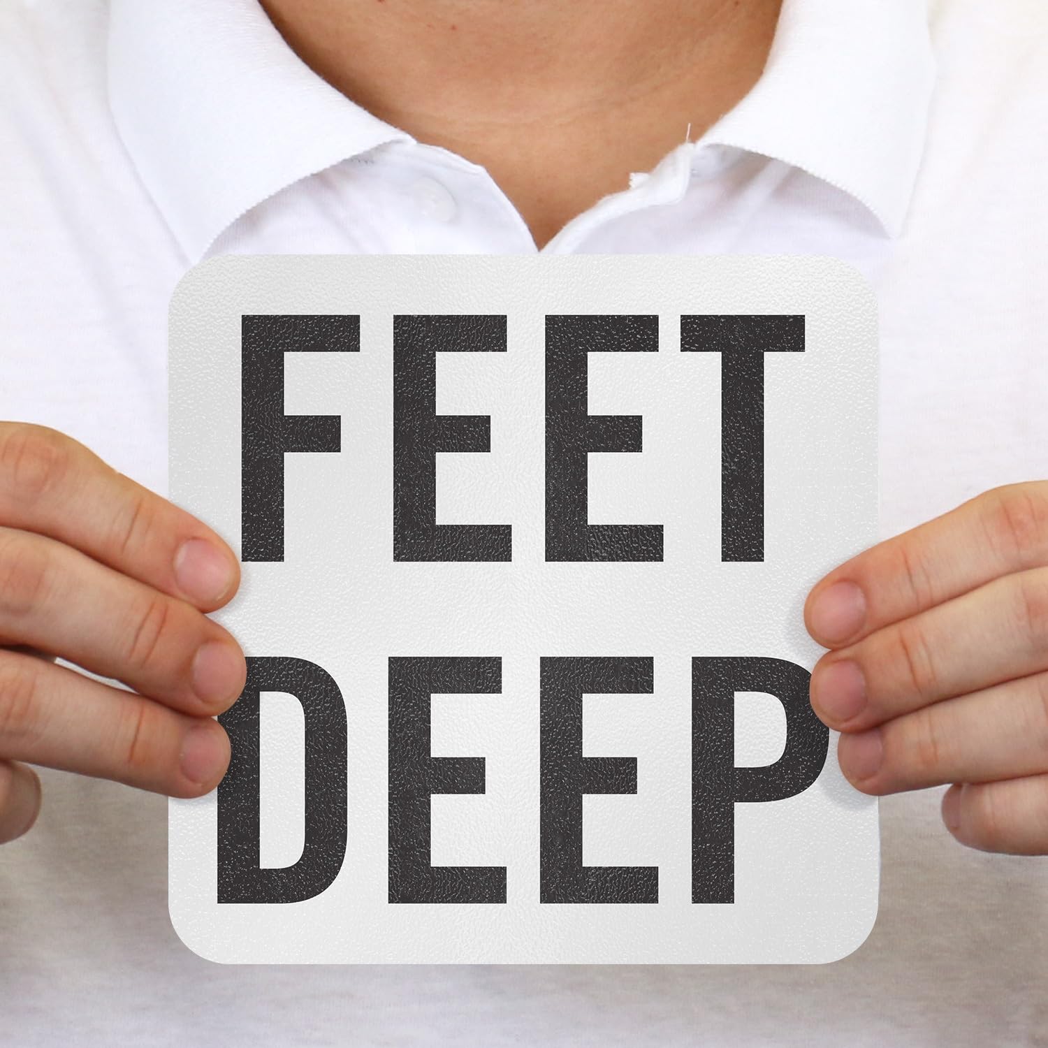 SmartSign “Feet Deep” Adhesive Pool Depth Marker/Sign, 4" Letter Height, 20 mil Laminated Vinyl with Anti-Skid Pebbled Surface, 5.75" x 5.75", Black and White, Made in USA