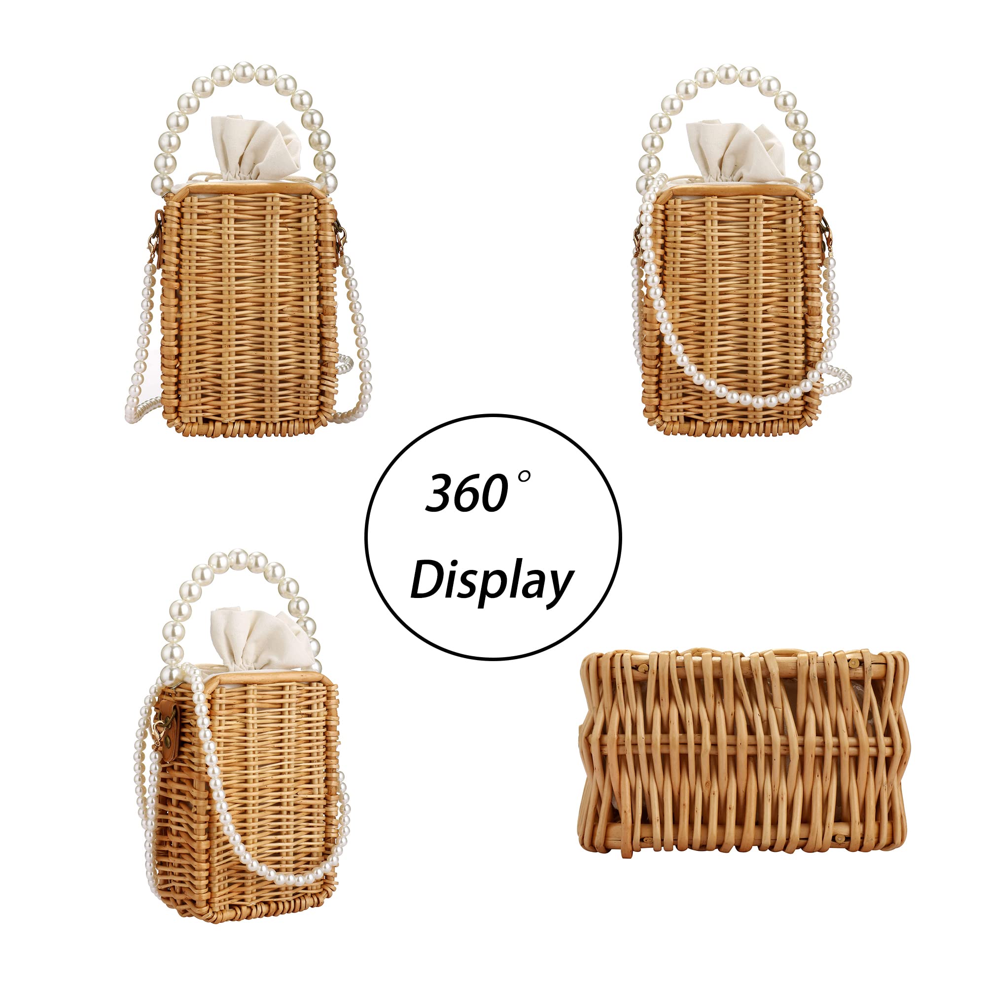 Buric Crossbody Bags for Women Beach Straw Purse Lightweight Women's Crossbody Handbags Fashion Pearl Shoulder Bag Retro Straw Handmade Bag Summer Basket Purse (Rectangle)