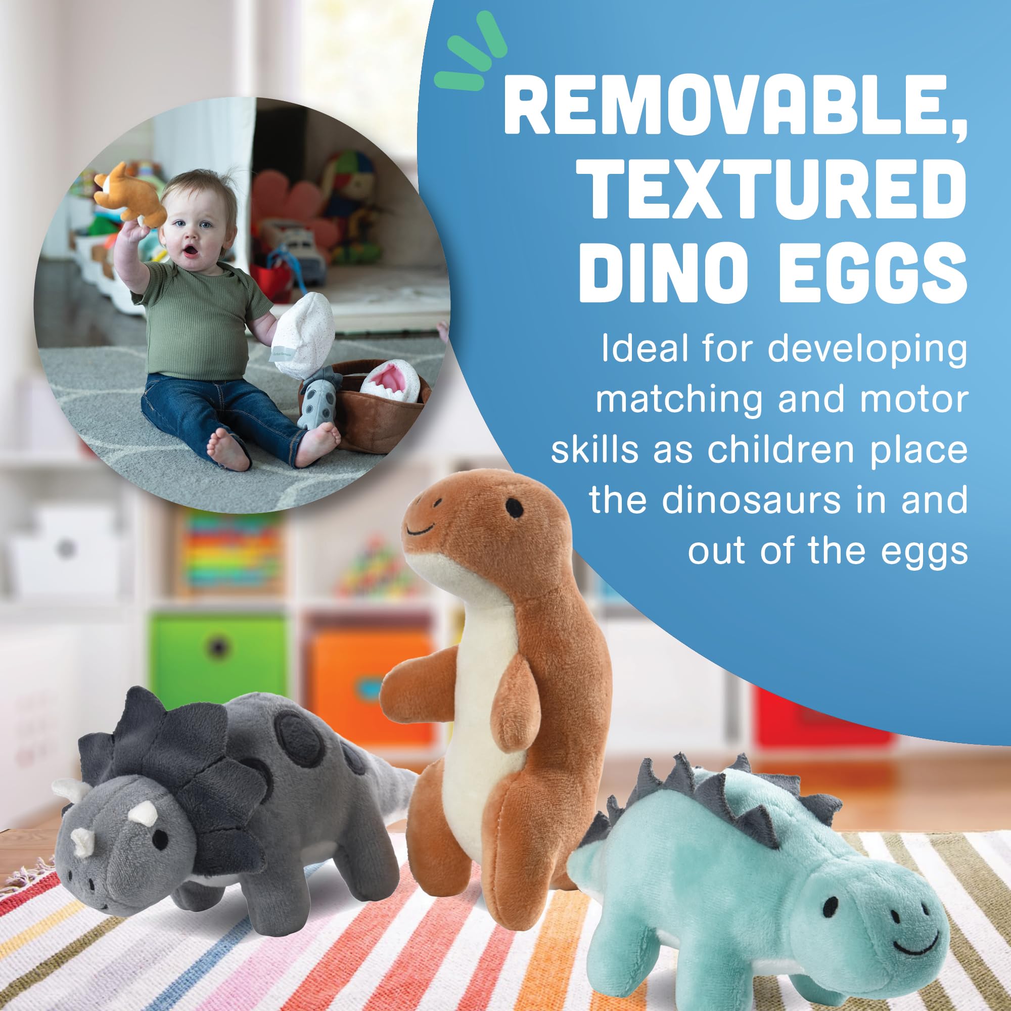 Cre8tive Minds Basket of Baby Dinosaur Plush Dolls, Super Soft Dinosaur Plushy Set, 7-Piece Toddler Toys for All Ages, Includes 3 Dinos, Dino Eggs, and Basket (MTC-1017)