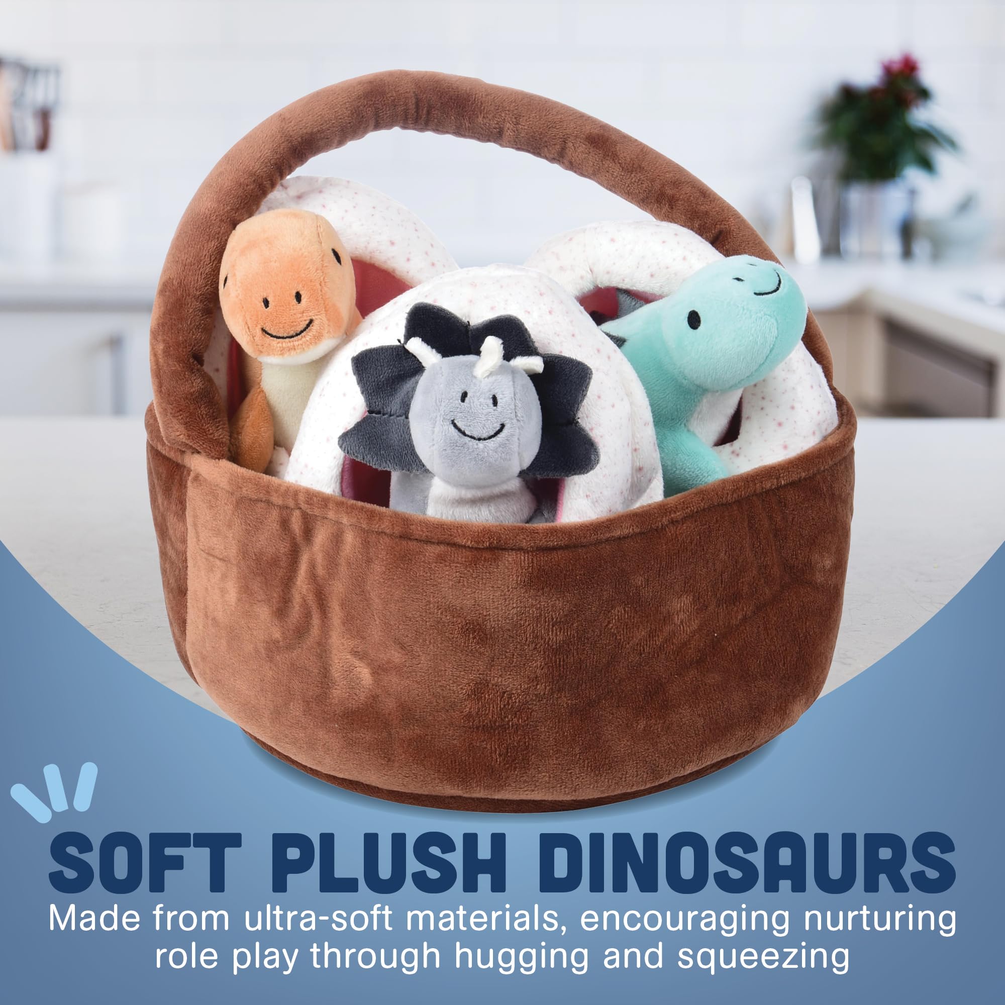 Cre8tive Minds Basket of Baby Dinosaur Plush Dolls, Super Soft Dinosaur Plushy Set, 7-Piece Toddler Toys for All Ages, Includes 3 Dinos, Dino Eggs, and Basket (MTC-1017)