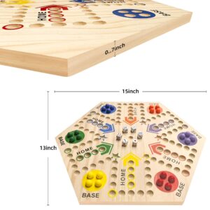 Wooden Board Game, Original Marble Game Board Game Double Sided Painted 2 to 6 Player Fast Track Board Game Wooden with 6 Colors 24 Marbles 6 Dice for Adults Kids Family