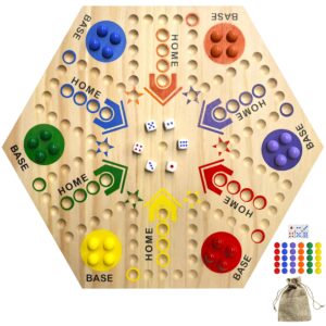 Wooden Board Game, Original Marble Game Board Game Double Sided Painted 2 to 6 Player Fast Track Board Game Wooden with 6 Colors 24 Marbles 6 Dice for Adults Kids Family