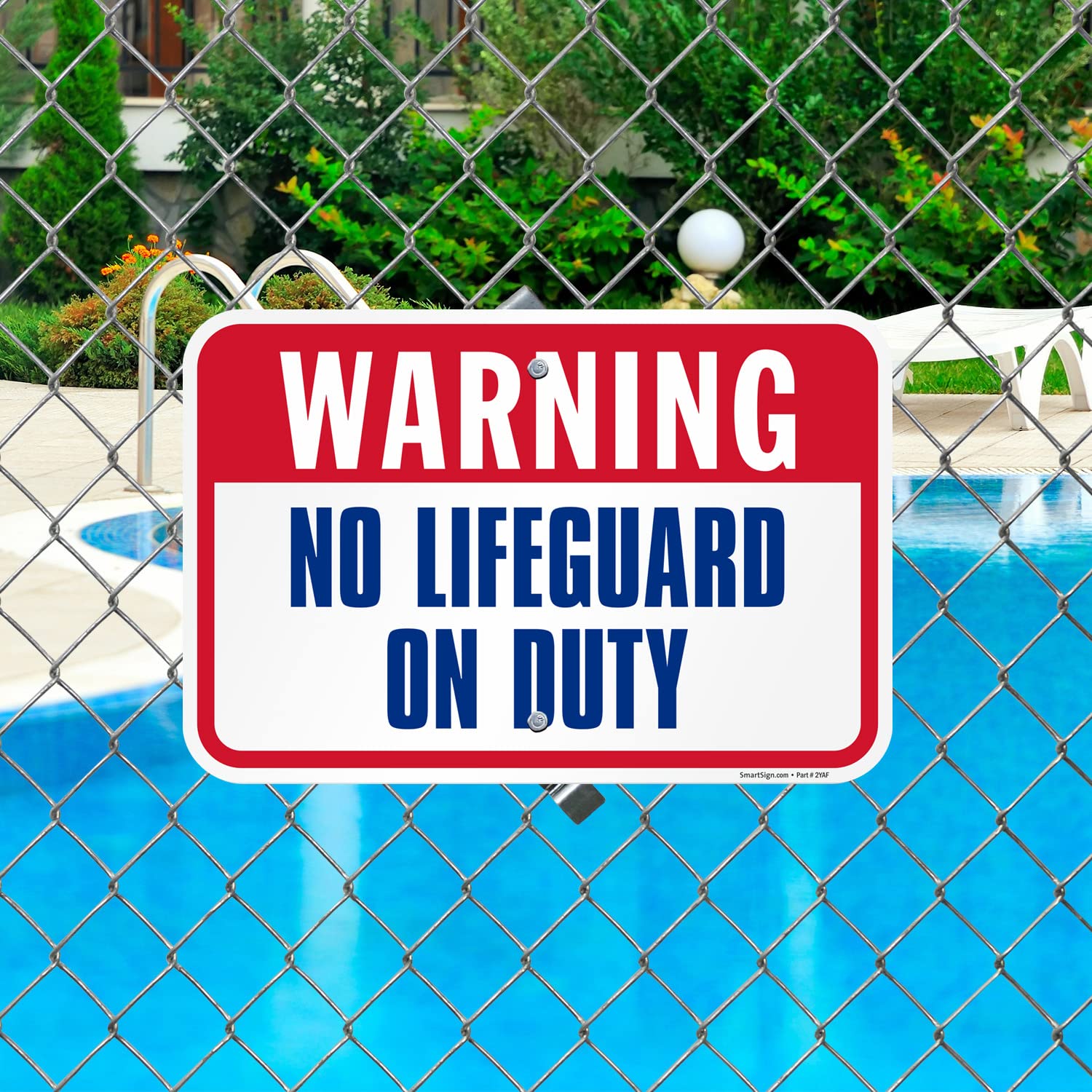 SmartSign 12 x 18 inch “Warning - No Lifeguard On Duty” Metal Sign with Symbols, 63 mil Laminated Rustproof Aluminum, Blue/Red on White