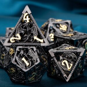 ARUOHHA Hollow DND Metal Dice Set Black Gold Dungeons and Dragons Dice D and D Dice Role Playing Games D+D Polyhedral Dice 7PCS RPG D&D Dice with Gift Box D20 D12 D10 D8 D6 D4