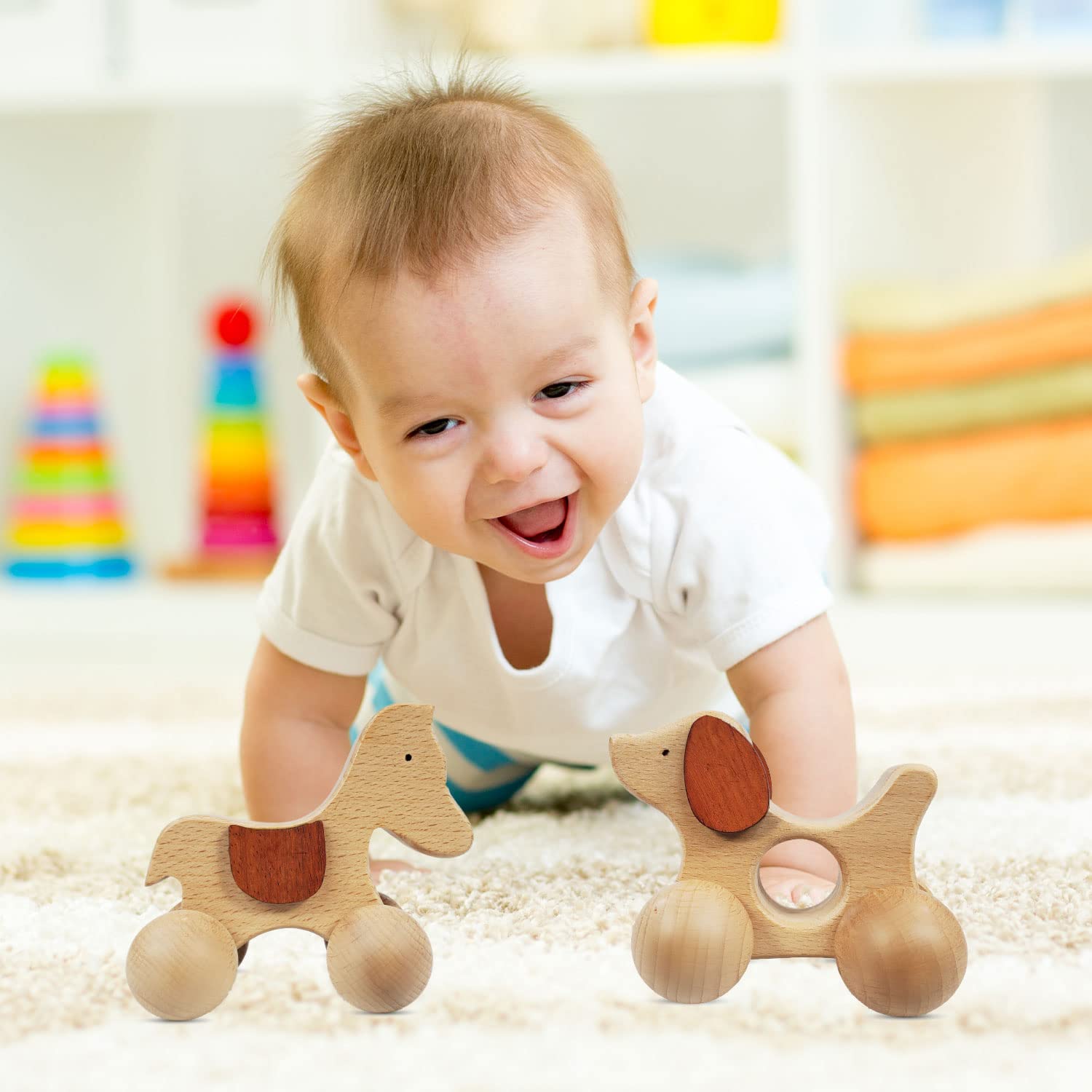 TEKOR Wooden Animal Push Toy with Wheels for Baby and Toddler Grasping & Teething - Montessori Wood Animal Car Set for Skill and Motor Development, Smooth, No Rough Edges (Package of 2 Toys)