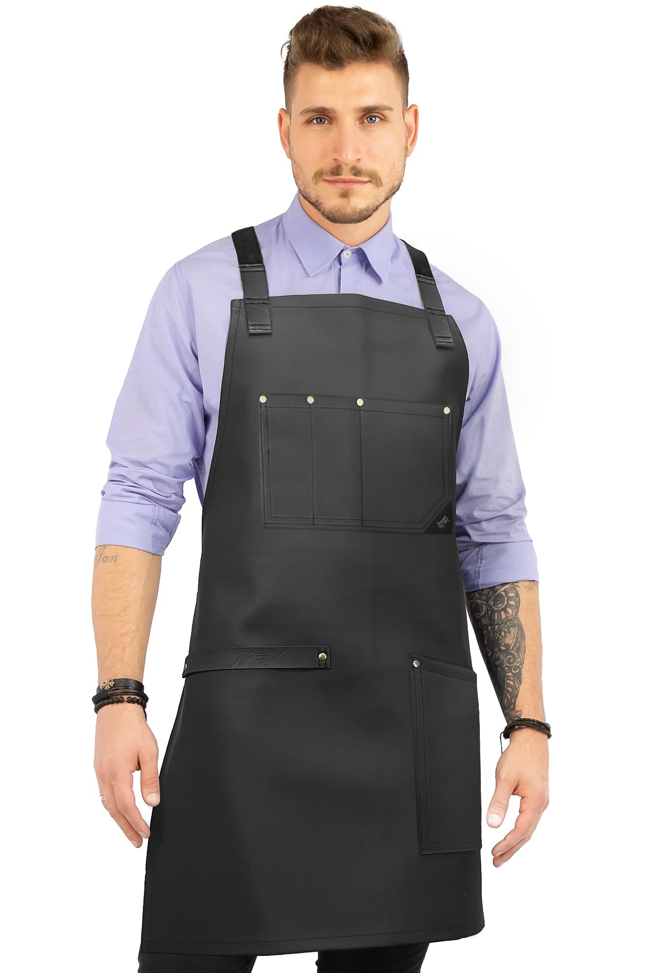 Under NY Sky Leather Apron - Cross-back Straps, Riveted, Vegan Leather - For Barbers, Hairstylist, Bartender, Barista