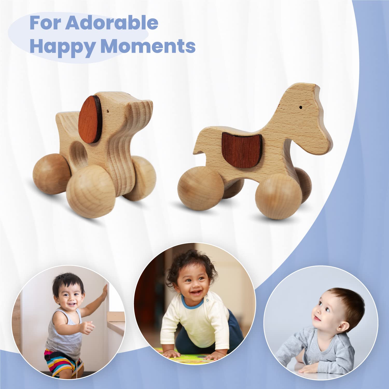 TEKOR Wooden Animal Push Toy with Wheels for Baby and Toddler Grasping & Teething - Montessori Wood Animal Car Set for Skill and Motor Development, Smooth, No Rough Edges (Package of 2 Toys)