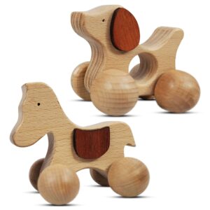 tekor wooden animal push toy with wheels for baby and toddler grasping & teething - montessori wood animal car set for skill and motor development, smooth, no rough edges (package of 2 toys)