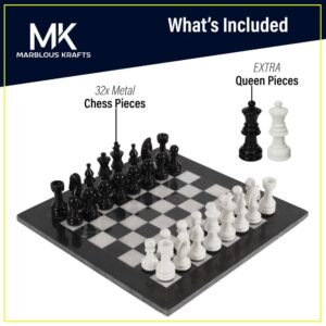 Marblous Krafts 15 Inches Black & White Chess Set with 32 Metallic Figures & 2 Extra Queens and Marble Board - Large Staunton Handmade Chess Game & Chess Sets for Adults and Family