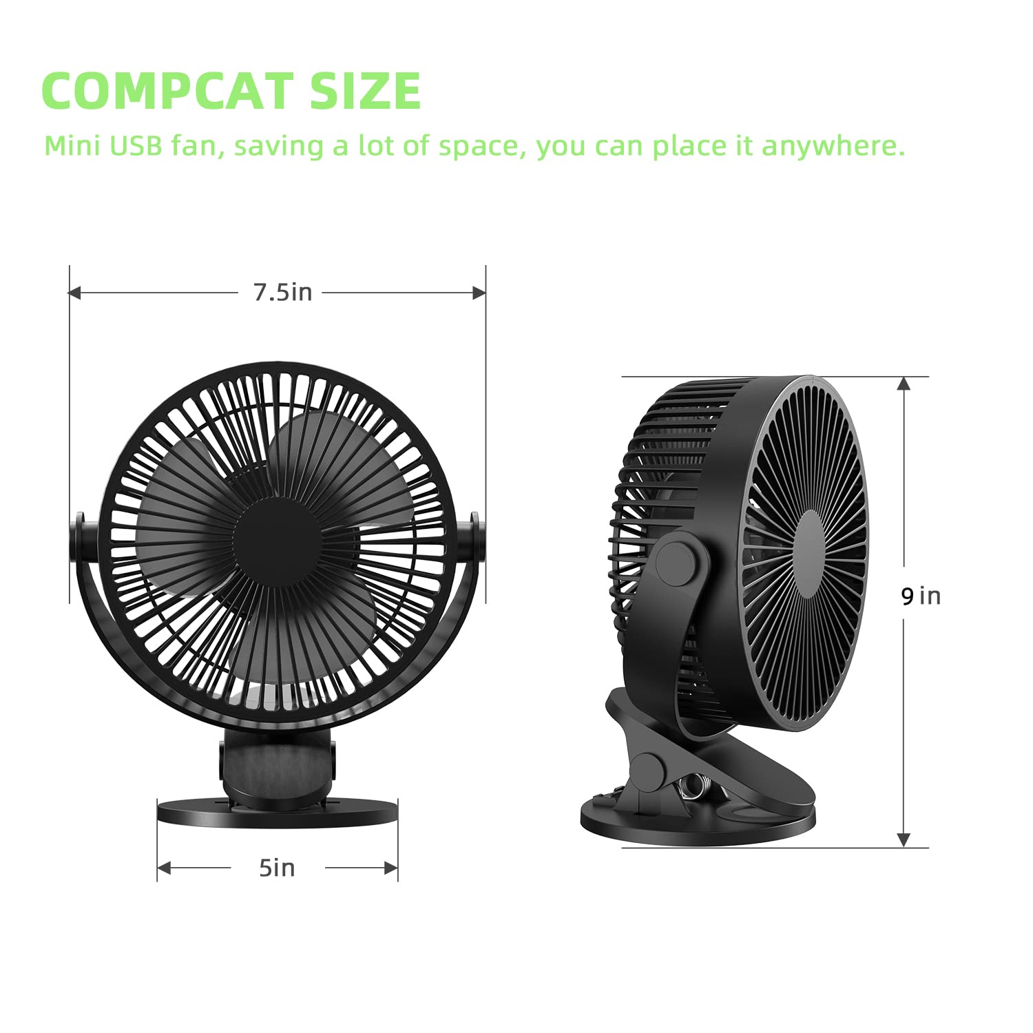 Ymumuda Desk Fan Clip on Fan, 3 Speeds Small USB Fan, 6.5 Inch Rechargeable Portable Fan, Strong Airflow & 360°Rotation Adjustable, Powered by USB, Sturdy Clamp for Office Desk - Black