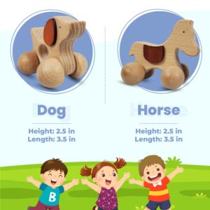 TEKOR Wooden Animal Push Toy with Wheels for Baby and Toddler Grasping & Teething - Montessori Wood Animal Car Set for Skill and Motor Development, Smooth, No Rough Edges (Package of 2 Toys)