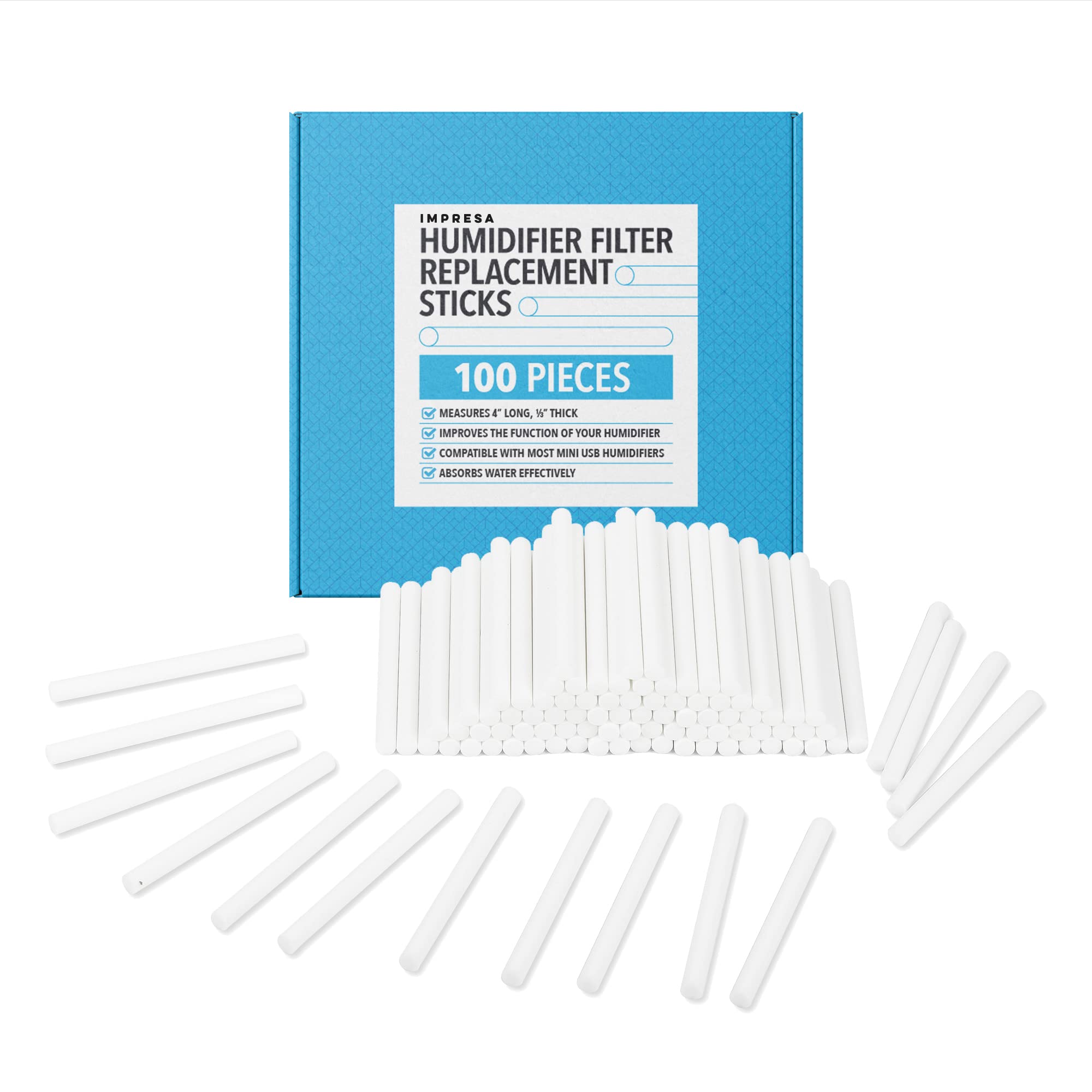 IMPRESA [100 Pack] Humidifier Refill Sticks for a Relaxing Atmosphere - Replacement Mini Humidifier Filter Sticks - Sticks for Small Humidifier with Filter - Remove Dryness with Water Filter Sticks